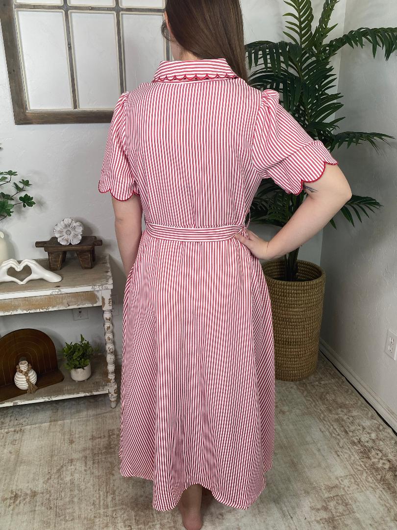 Red and White Striped Maxi Dress with Scallop Details