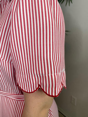 Red and White Striped Maxi Dress with Scallop Details