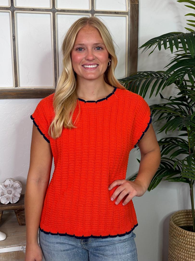 Orange with Navy Trim Sleeveless Sweater Top