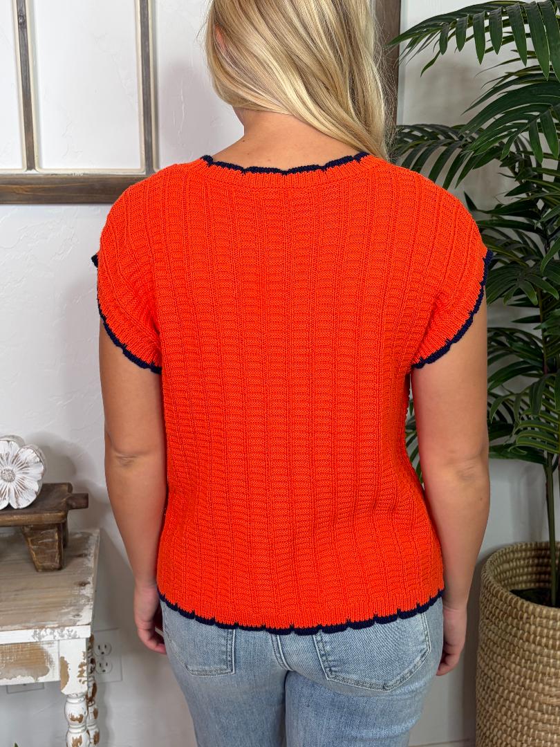 Orange with Navy Trim Sleeveless Sweater Top