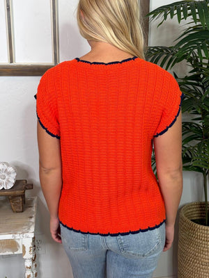 Orange with Navy Trim Sleeveless Sweater Top
