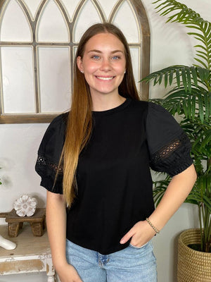 Black Blouse with Eyelet Trim Sleeves