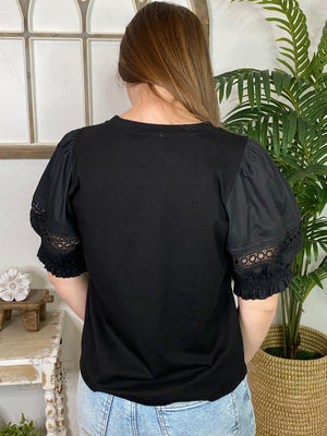 Black Blouse with Eyelet Trim Sleeves