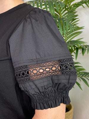 Black Blouse with Eyelet Trim Sleeves