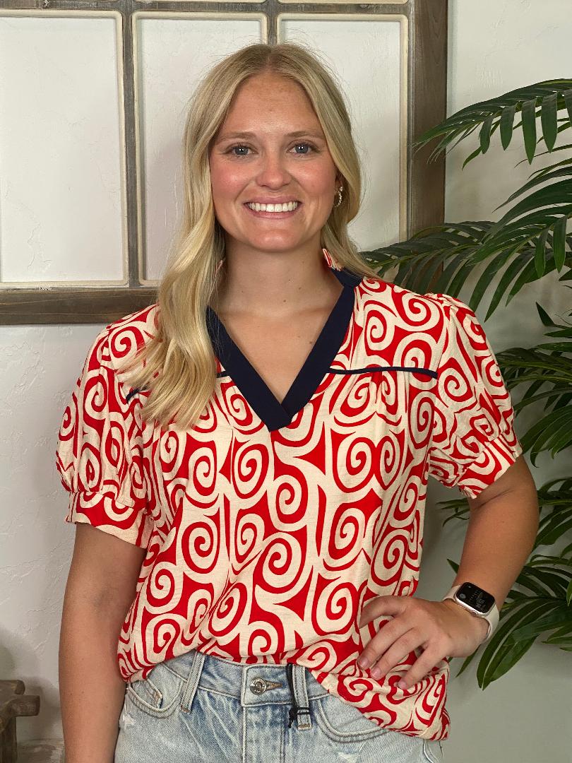 Red and White Abstract with Navy Trim Top