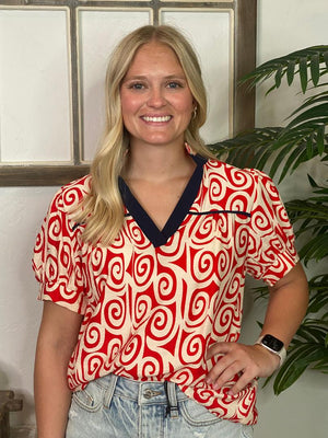 Red and White Abstract with Navy Trim Top