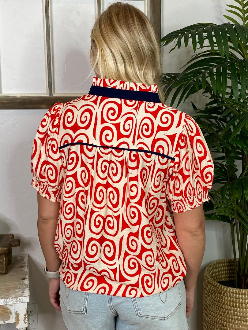 Red and White Abstract with Navy Trim Top