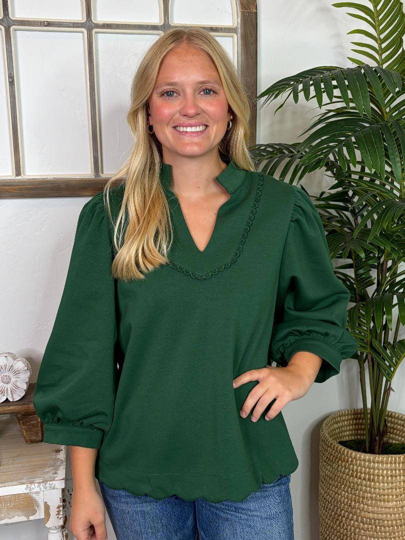 Hunter Green 3/4 Sleeve Top with Scallop Trim and Hem