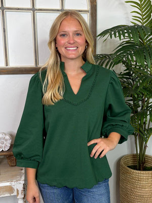 Hunter Green 3/4 Sleeve Top with Scallop Trim and Hem