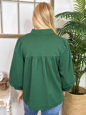 Hunter Green 3/4 Sleeve Top with Scallop Trim and Hem