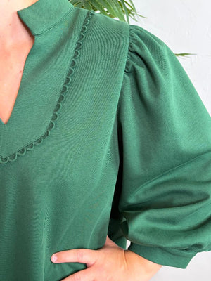 Hunter Green 3/4 Sleeve Top with Scallop Trim and Hem