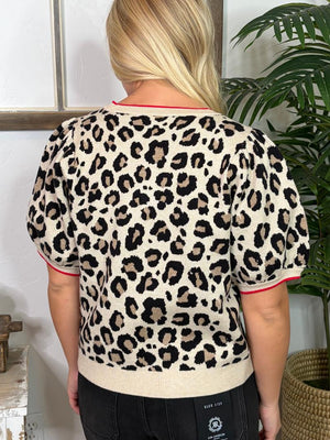 Leopard Short Sleeve Sweater with Red Trim