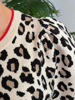Leopard Short Sleeve Sweater with Red Trim