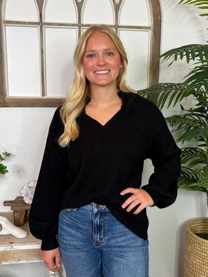 Black V-Neck Collared Sweater