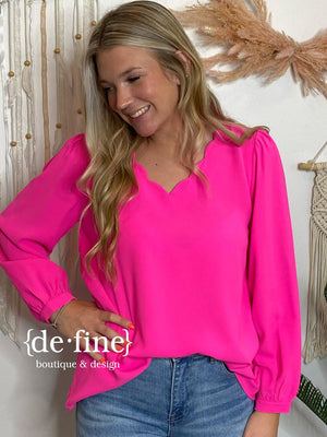 Scalloped Neck Blouse in Red, Black or Hot Pink