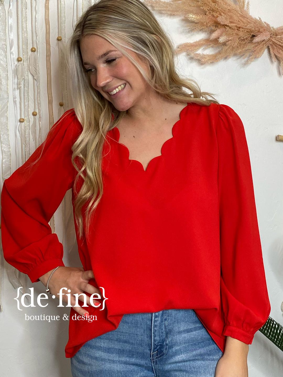 Scalloped Neck Blouse in Red, Black or Hot Pink