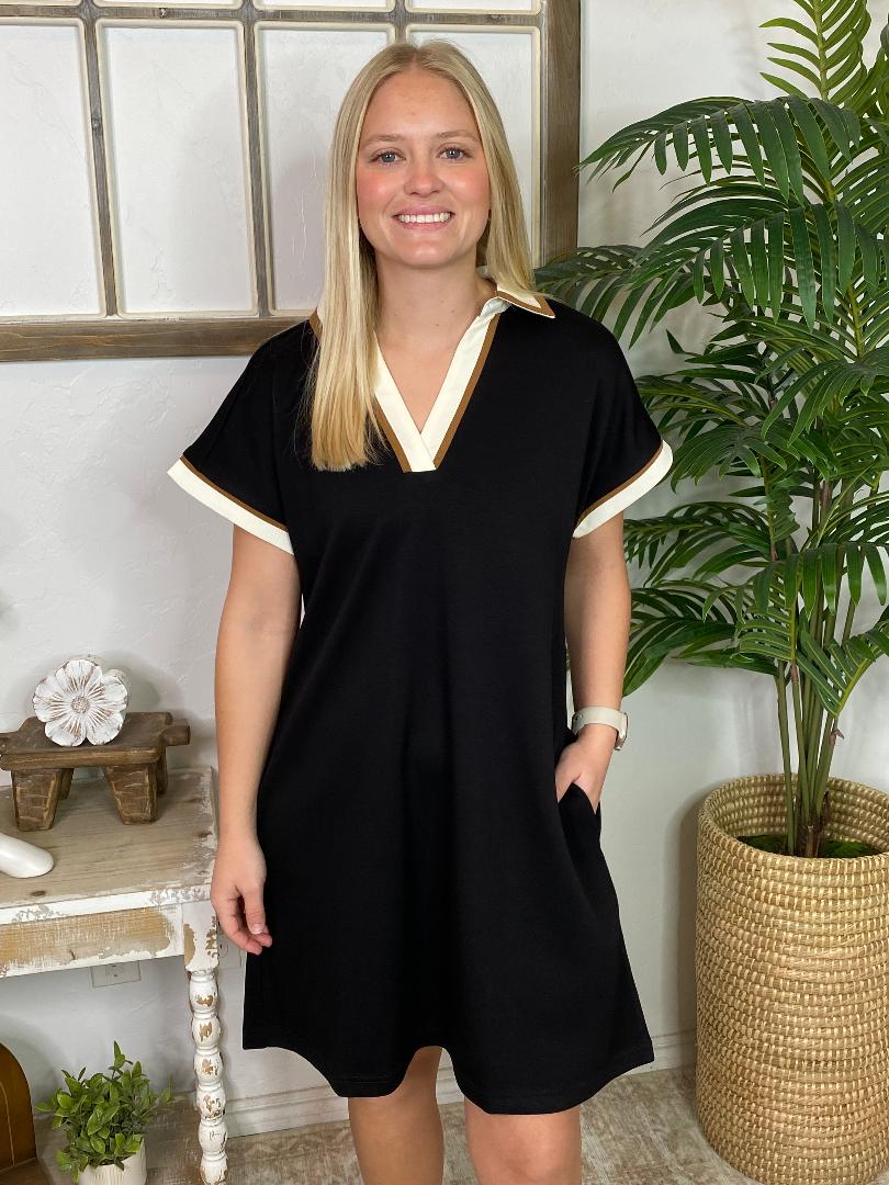 Black V Neck Tee Dress with Brown and Cream Trim