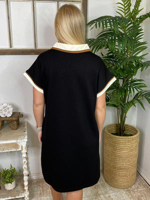 Black V Neck Tee Dress with Brown and Cream Trim