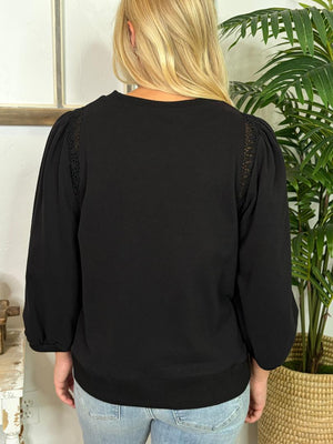 Red or Black Long Sleeve Top with Crochet Lace Trim