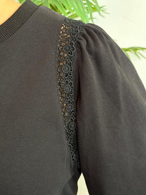 Red or Black Long Sleeve Top with Crochet Lace Trim