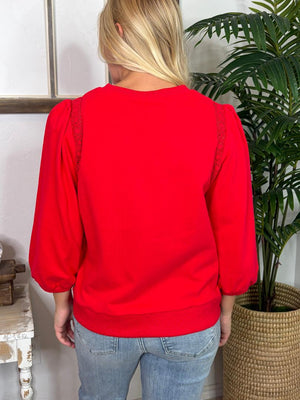 Red or Black Long Sleeve Top with Crochet Lace Trim