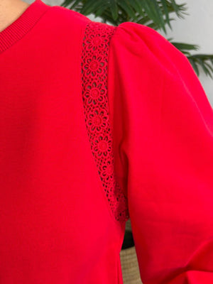 Red or Black Long Sleeve Top with Crochet Lace Trim