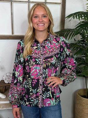 Black Button Up with Bright Flowers Top