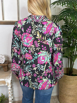 Black Button Up with Bright Flowers Top