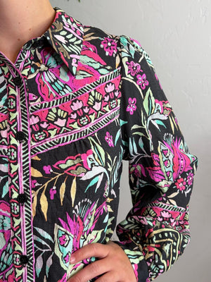 Black Button Up with Bright Flowers Top