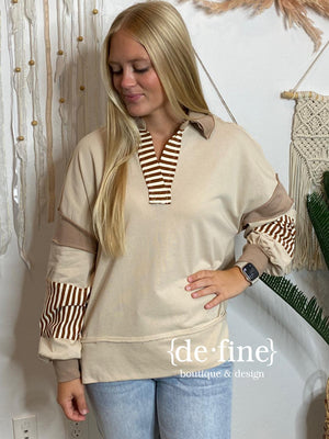 Brown and Taupe V-Neck Oversized Top