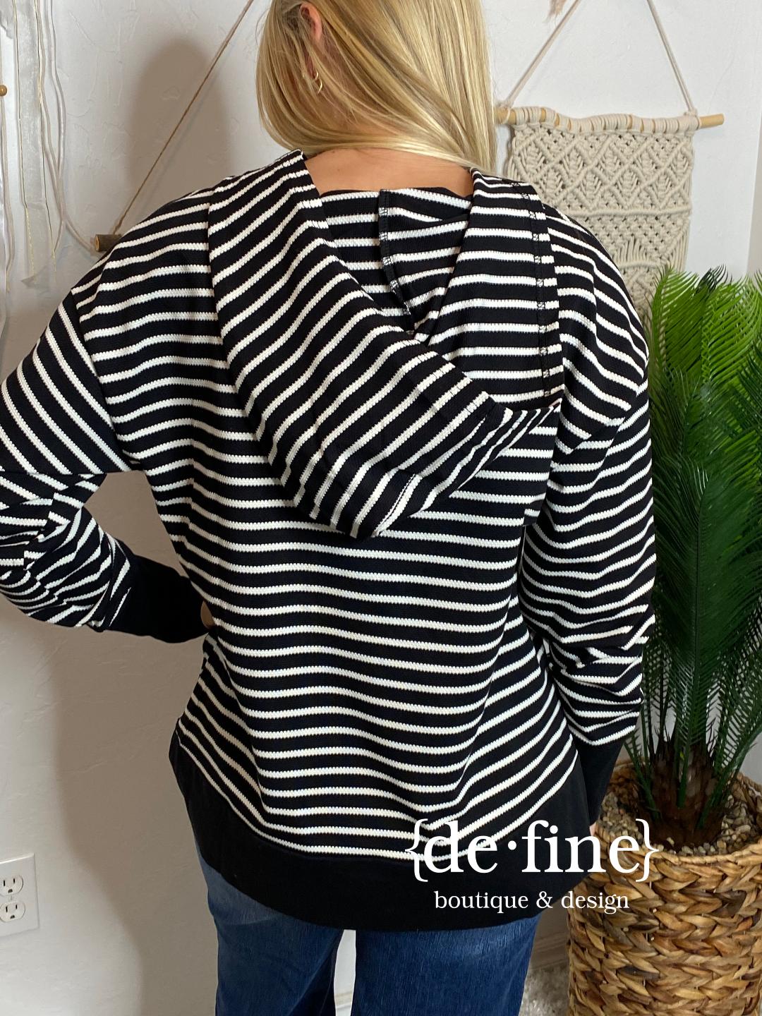 Black and White Striped Hooded Top S-XL