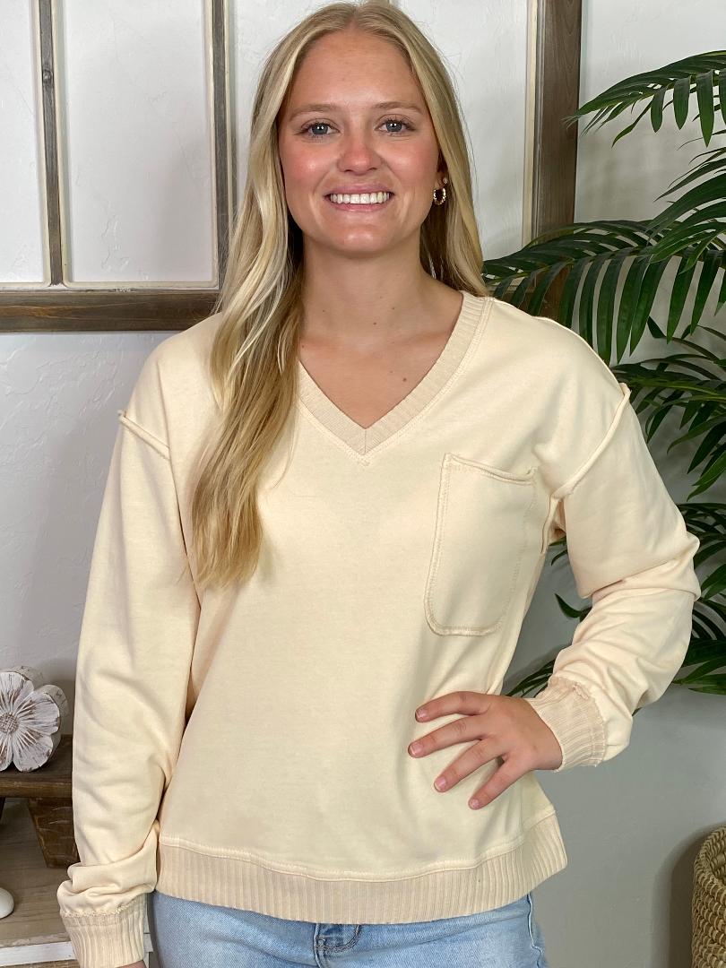 Cream, Magenta or Black V-Neck Pullover with Pocket