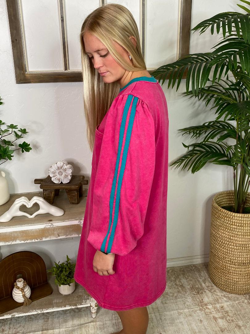 Hot Pink with Blue Trim Sweatshirt Dress