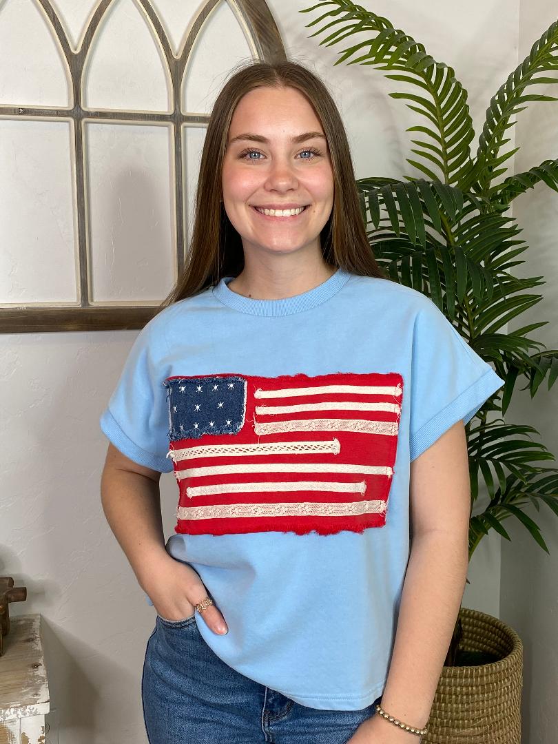 Sky Blue Raggy American Flag Top