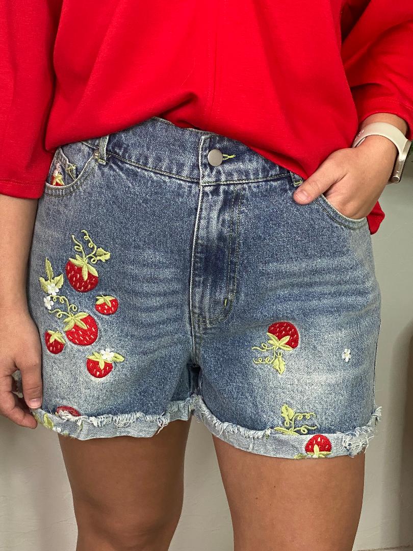 Strawberry Embroidered Denim Shorts