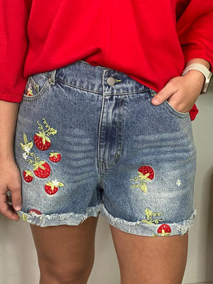 Strawberry Embroidered Denim Shorts