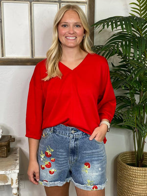 Strawberry Embroidered Denim Shorts