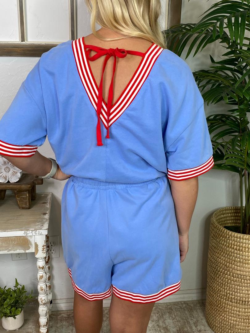 Sky Blue with Red Trim Romper