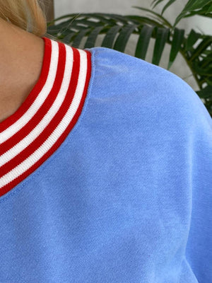 Sky Blue with Red Trim Romper