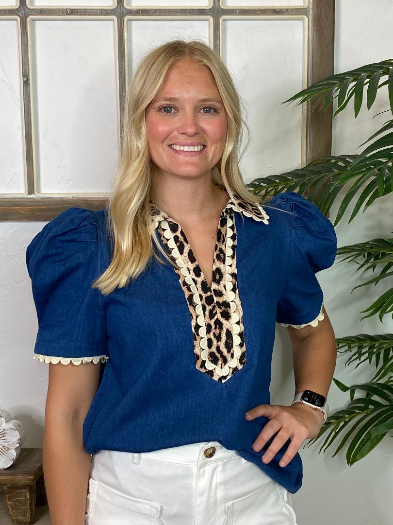 Denim Top with Leopard Trim
