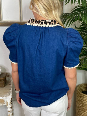 Denim Top with Leopard Trim