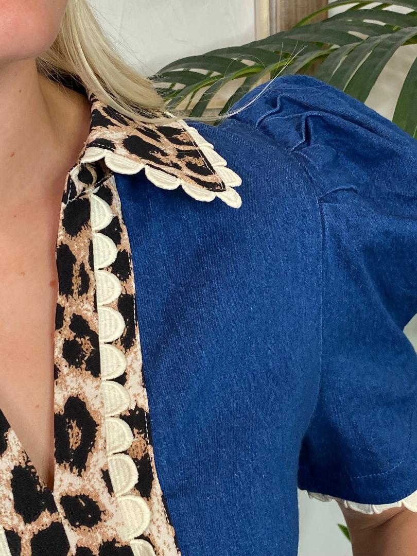 Denim Top with Leopard Trim