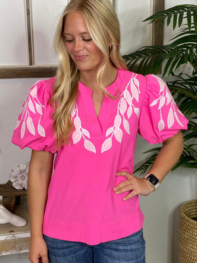 Hot Pink Embroidered Leaf Top S-2XL