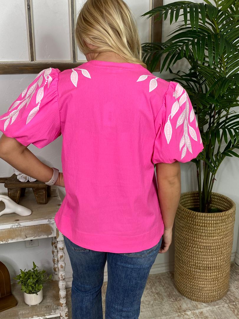 Hot Pink Embroidered Leaf Top S-2XL