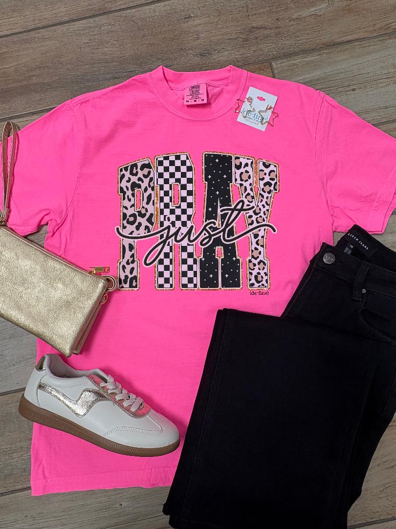 Just Pray Leopard and Checker Graphic Tee