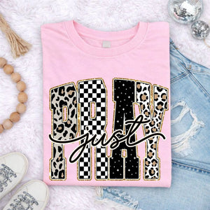 Just Pray Leopard and Checker Graphic Tee