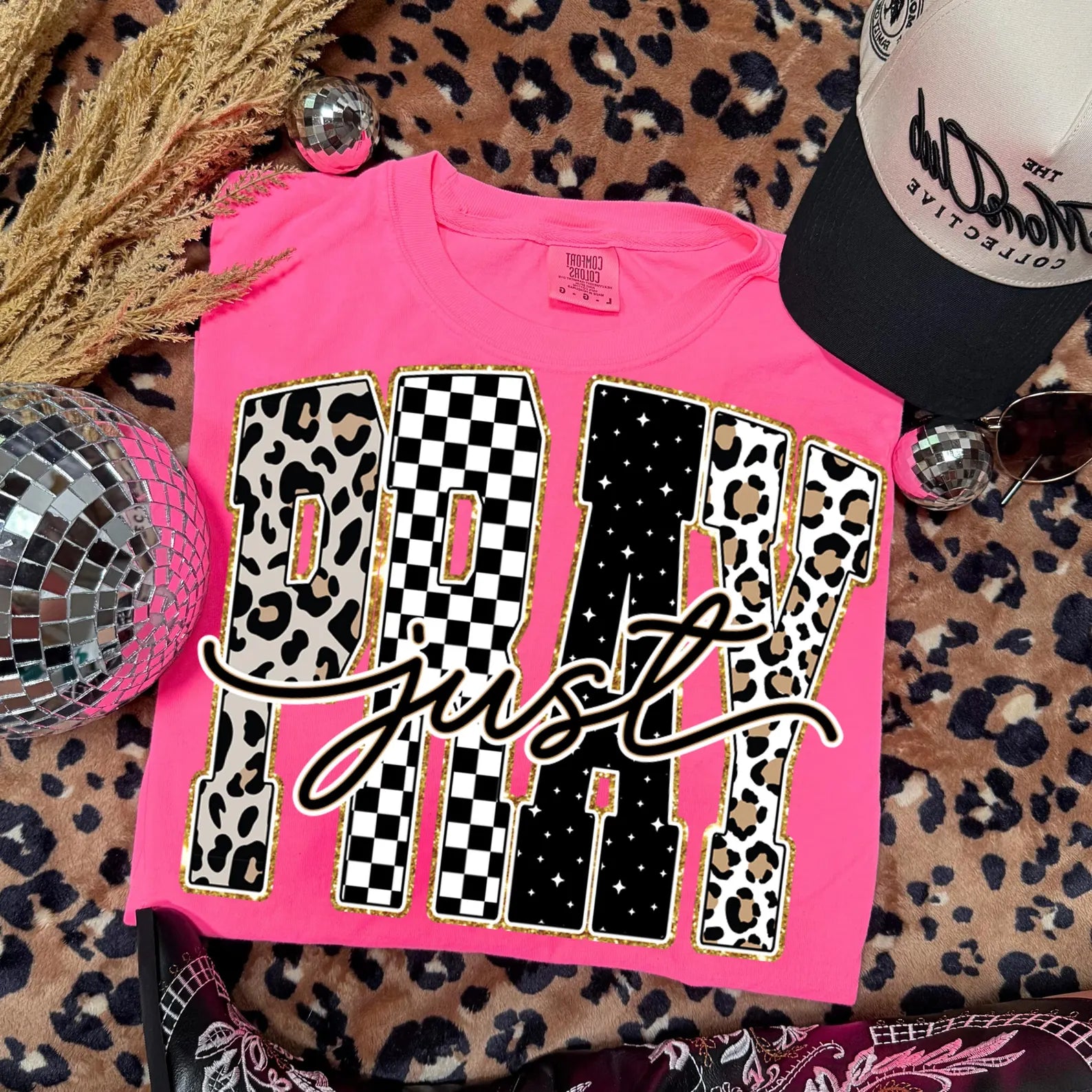 Just Pray Leopard and Checker Graphic Tee