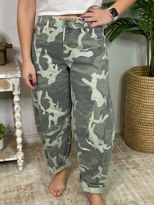 Kancan Camo Cropped Barrel Jeans