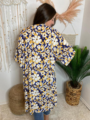 Royal Blue, Gold & White Floral Long Kimono