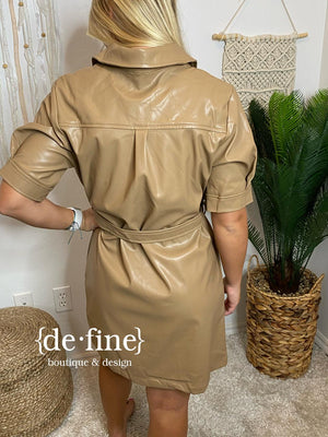 Leather Taupe Belted Shirt Dress